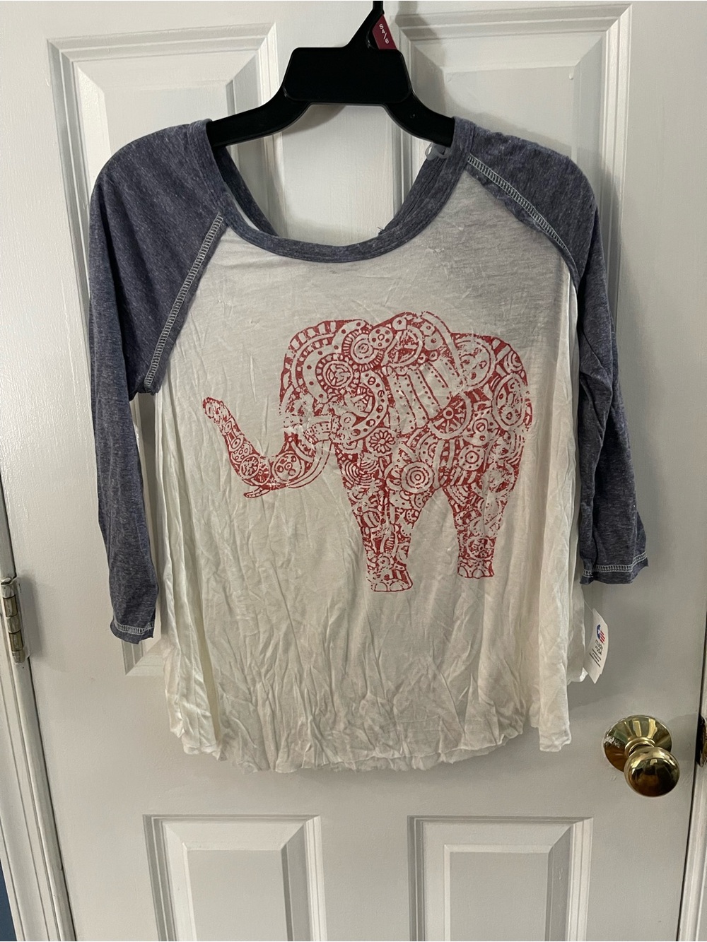 living doll White Raglan Long Sleeve Tee with Red Elephant Graphic